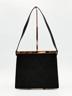 Gucci Vintage Black Suede Shoulder Bag Gold Tone Bar Top Minimalist Evening Bag